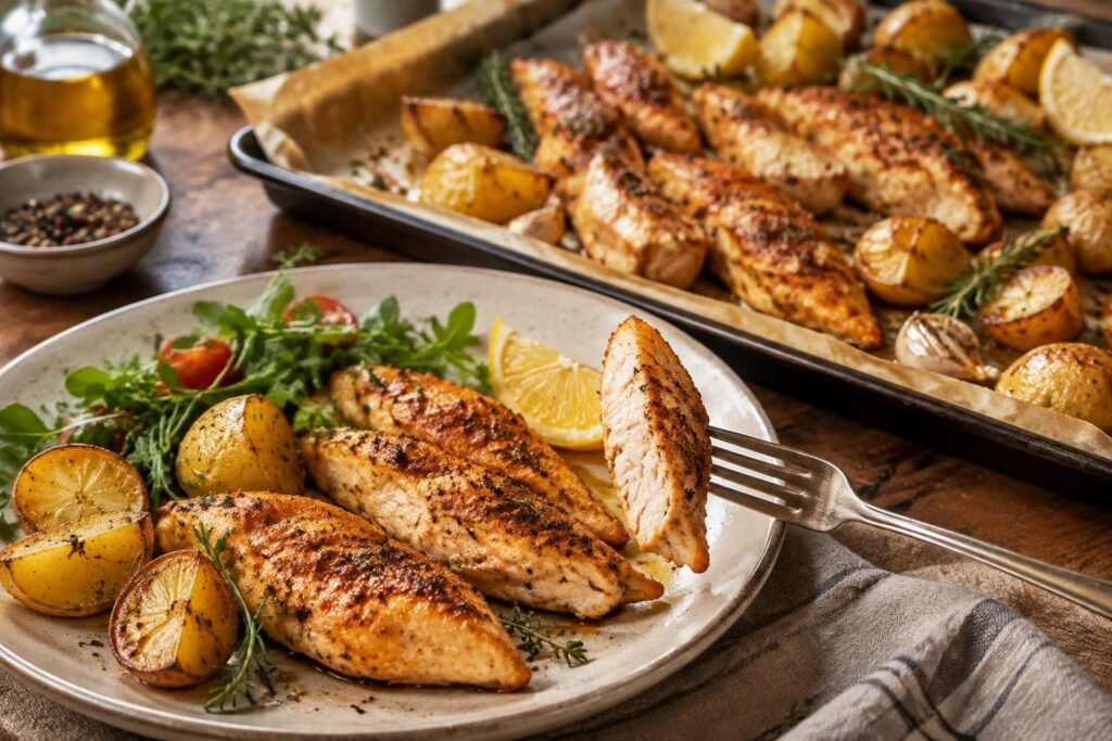 préparez de délicieuses aiguillettes de poulet au four avec cette recette simple et savoureuse, idéale pour un repas maison rapide.